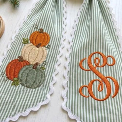 Personalized Fall Wreath Sash with Monogram, Pumpkin & Sage Stripe - Pumpkin Fall
