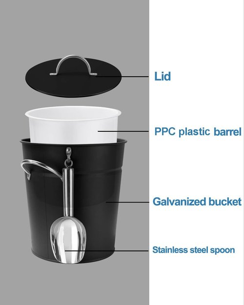 3Qt Black Galvanized Ice Bucket with Lid, Scoop & Handles - Ideal for Cocktails, Parties, BBQs, Wine & Champagne. Double-Layer Insulated Outer & Galvanized Inner Layer, Perfect for Home & Outdoor Use