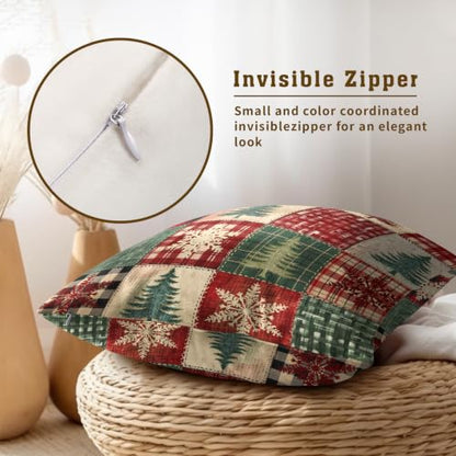 Christmas Tree Outdoor Pillow Covers 18x18 Set of 2 - Patchwork & Plaid Design