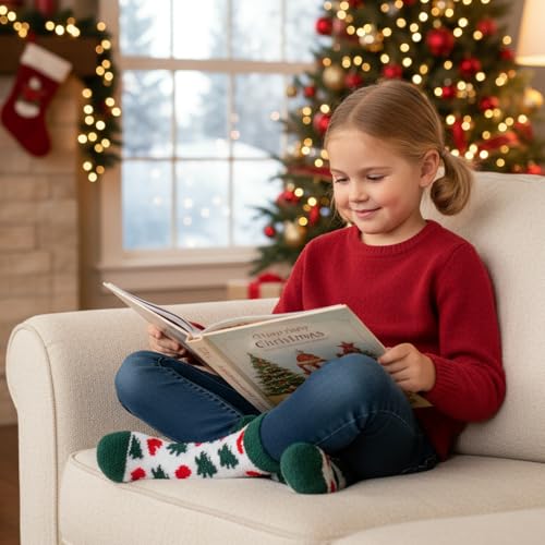 Girls Kids Fuzzy Socks with Grips Toddler Slipper Socks 6-8 Years - Red
