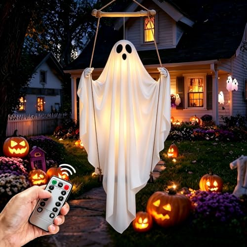 Outdoor Hanging Ghost Decor - 5FT White Swing Ghost with Remote Control Variation