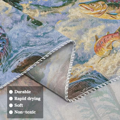 Farmhouse Wall Tapestry - Brown Bear Catching Salmon in River, 36x48in - Rustic Cabin Decor