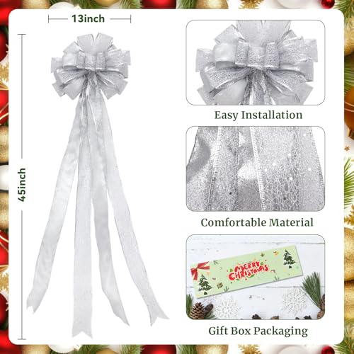 Christmas Tree Topper Bow 45x13 Inches Glitter Silver Decoration - Style1