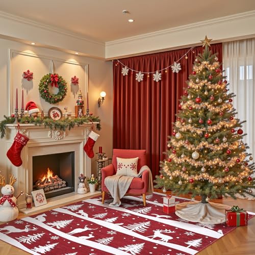 Red 9x12 Christmas Rug with Reindeer & Snowflakes - Washable Non-Slip Living Room Carpet