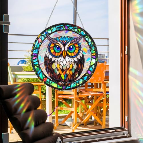 Wise Owl Pattern Sun Catcher - 7.87 Inch Acrylic Window Decor with Chain - Indoor & Garden Wall Art