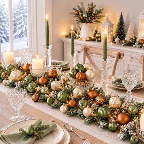 Lunmon 64 Pcs Earthy Christmas Ornaments Set - Olive Green, Bronze & Farmhouse Style