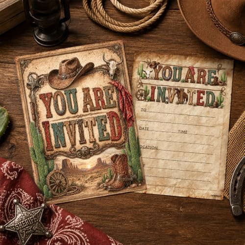 Western Cowboy Birthday Party Invitations Walnut 10 Pack with Envelopes Rustic Rodeo Theme