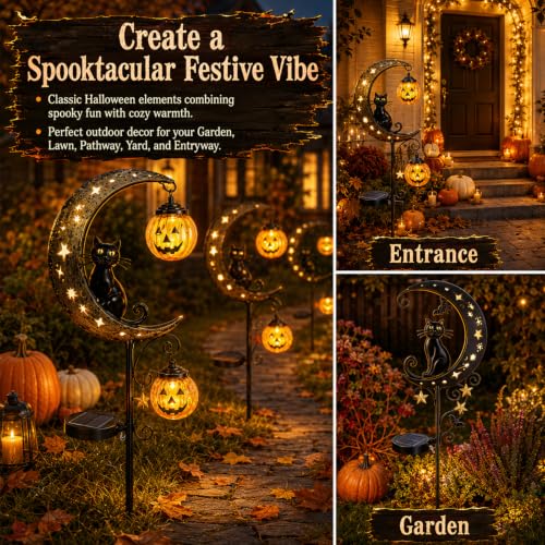 Halloween Solar Black Cat & Pumpkin Garden Stake Light, Outdoor Yard Decor