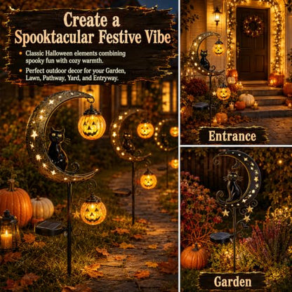 Halloween Solar Black Cat & Pumpkin Garden Stake Light, Outdoor Yard Decor
