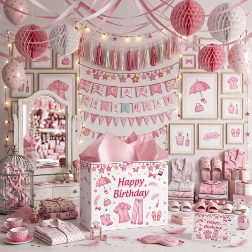 Pink Sleepover Party Gift Bag with Wrapping Paper and Card for Girls Teens
