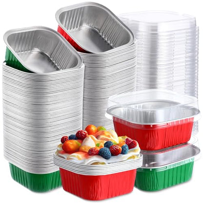 150 Pcs 10 oz Christmas Red & Green Mini Cake Pans with Lids Set
