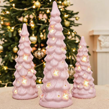 Pink Ceramic Christmas Trees Light Up Set of 3 - Holiday Decor