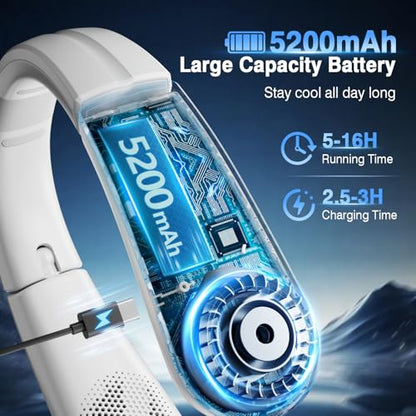 Portable Neck Fan with LED Display, 4 Speeds, 5200mAh Rechargeable Battery