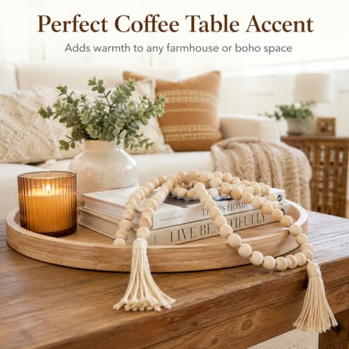 Wood Bead Garland 58in Rustic Farmhouse Decor with Tassels - Natural Finish