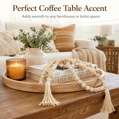 Wood Bead Garland 58in Rustic Farmhouse Decor with Tassels - Natural Finish