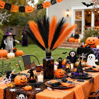 Black Orange Faux Pampas Grass Set - 17 Inch Halloween & Fall Decor, 30 Pieces