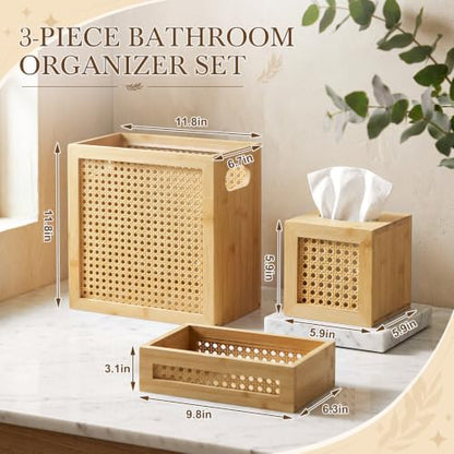 Wicker Bathroom Accessories Set with Trash Can, Tissue Box & Tray - Rustic Rattan Decor