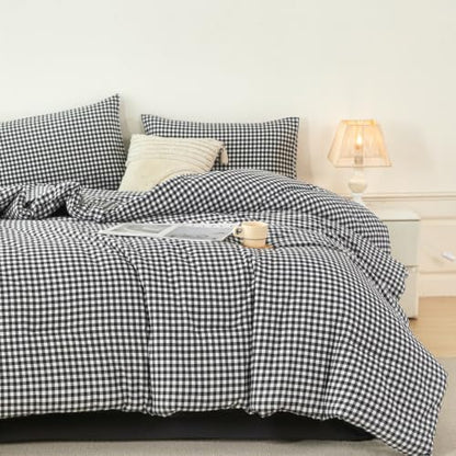 Full Gingham Bedding Set for Boys Black White Plaid Bed in a Bag 5Pcs