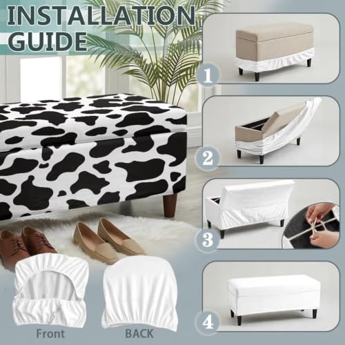 Large Black Cow Print Stretch Ottoman Cover - Soft Fit & Nonslip