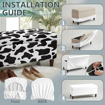 Large Black Cow Print Stretch Ottoman Cover - Soft Fit & Nonslip