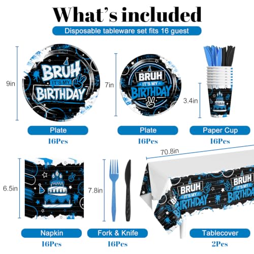 Bruh Its My Birthday Decorations Tableware Set - 98Pcs Blue & Black Party Supplies