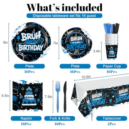 Bruh Its My Birthday Decorations Tableware Set - 98Pcs Blue & Black Party Supplies