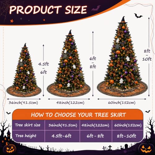 Gothic Witch Halloween Tree Skirt 60 Inch - Orange & Black, Skulls & Moon Design