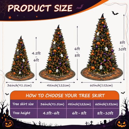 Gothic Witch Halloween Tree Skirt 60 Inch - Orange & Black, Skulls & Moon Design