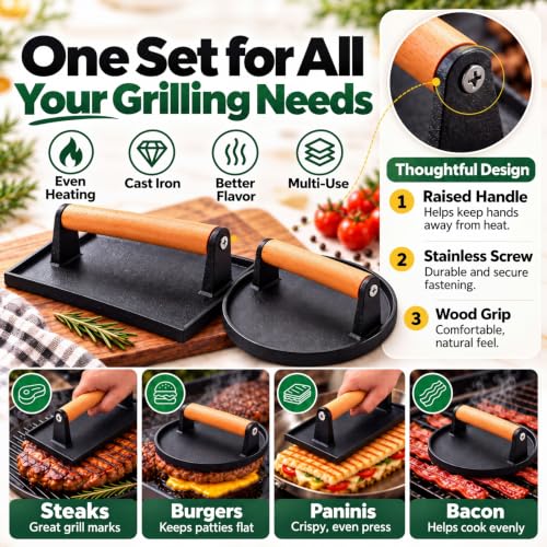 Cast Iron Burger Press Kit with Patty Maker & Steak Weight - Smashing & Grilling