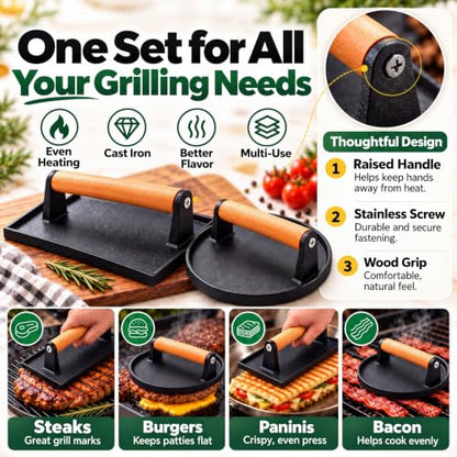 Cast Iron Burger Press Kit with Patty Maker & Steak Weight - Smashing & Grilling