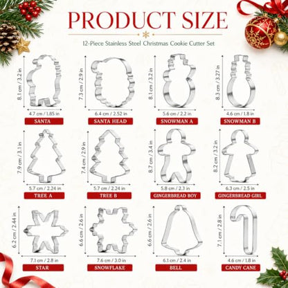 Christmas Cookie Cutter Set 12 Stainless Steel Holiday Baking Molds - Santa Snowman Tree