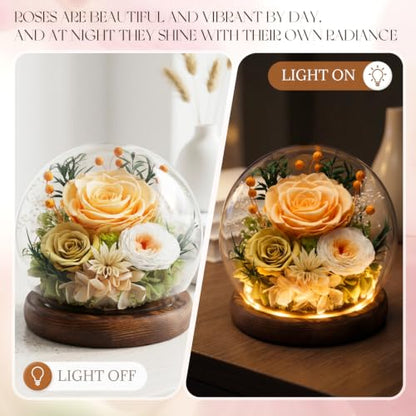 Preserved Flower Gift in Glass Dome - Beige Yellow for Mom & Grandma
