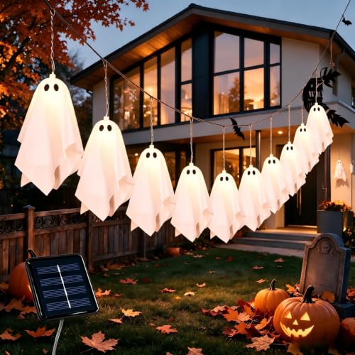 Outdoor Solar Ghost Halloween Decorations - White, 10 String Lights, Weather-Resistant