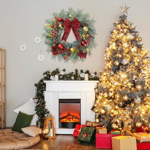 Artificial Christmas Wreath 20 Inch with Pine Needles Red Berries Pine Cones Buffalo Plaid Bow Christmas Decorations for Front Door - Red