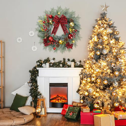 Artificial Christmas Wreath 20 Inch with Pine Needles Red Berries Pine Cones Buffalo Plaid Bow Christmas Decorations for Front Door - Red