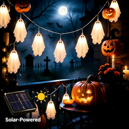 Outdoor Solar Ghost Halloween Decorations - White, 10 String Lights, Weather-Resistant