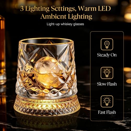 Ice Crackle Pattern Whiskey Glass Set of 4 with LED Light Bases - 9.5 oz, Includes Ice Ball Molds