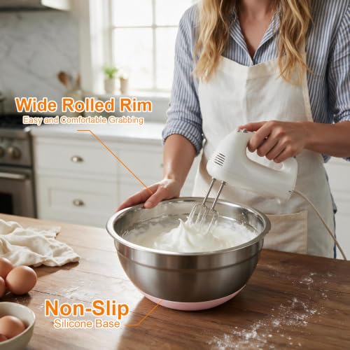 5PCS Stainless Steel Mixing Bowls Set with Colorful Silicone Non-Slip Bases - 1.5 to 5.3 Quarts