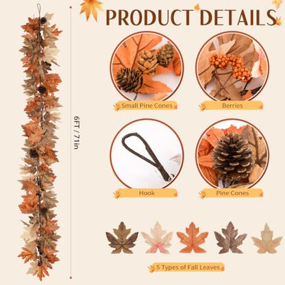 6 Ft Fall Garland with Lights & Timer - Thanksgiving Fireplace Mantel Decor - Variation of 1