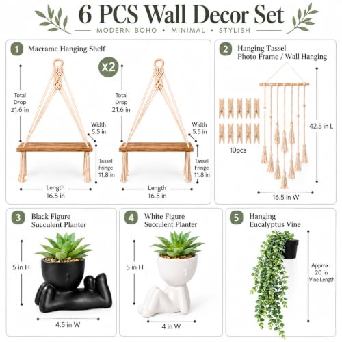 6-Piece Boho Wall Decor Set with Macrame Shelves and Fake Plants