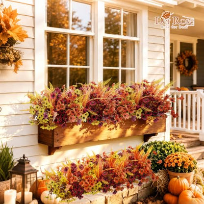 Fall Bright Orange Artificial Flowers - 24Pcs Fall Mums & Ferns for Outdoor Decor