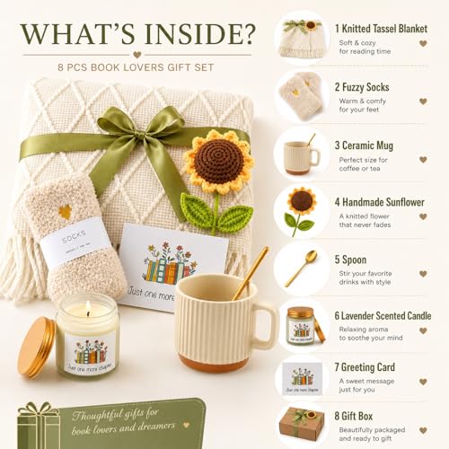 Book Lovers Gift Set for Women - Reading Accessories with Sunflower & Cozy Items