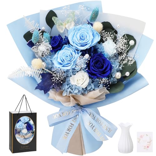 Blue Preserved Roses Bouquet - 6 Real Forever Flowers for Mother's Day, Birthday, Valentine's Day Gift
