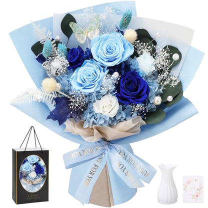 Blue Preserved Roses Bouquet - 6 Real Forever Flowers for Mother's Day, Birthday, Valentine's Day Gift