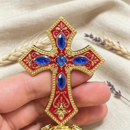 Orthodox Standing Table Cross with Enamel & Rhinestone - Religious Decor
