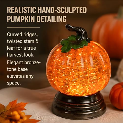 Glitter Lighted Pumpkin Snow Globe - 2PCS Halloween Fall Decor with Warm Orange LED