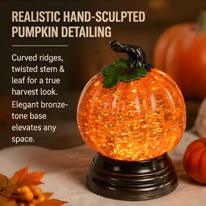 Glitter Lighted Pumpkin Snow Globe - 2PCS Halloween Fall Decor with Warm Orange LED