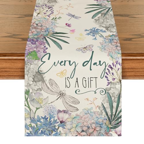 Seasonal Dragonfly Hydrangea Table Runner 13x72 Inch - Summer Home Decor