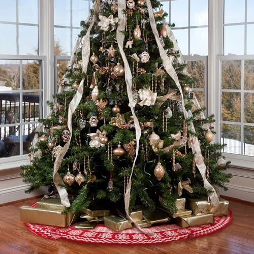 Knitted Christmas Tree Skirt 48 Inch Snowflake Cable Knit Holiday Decor Red Burgundy