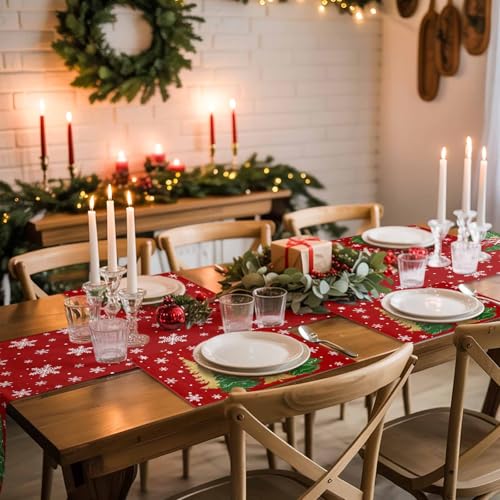 Christmas Tree Placemats Set of 4 - Red with Snowflakes & Christmas Tree Design